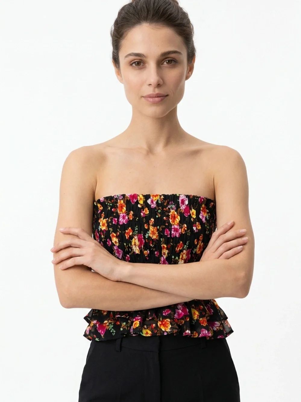 TALULAH | Strapless Black Floral Smocked Peplum Top Women’s Size Large